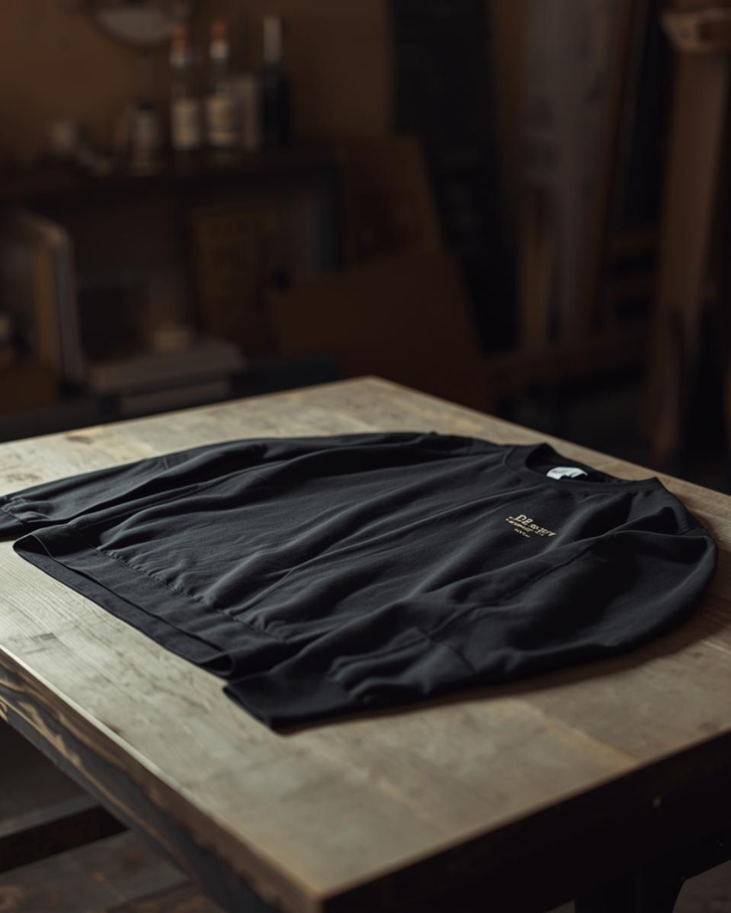 Black t-shirt on a wooden table with a blurred background