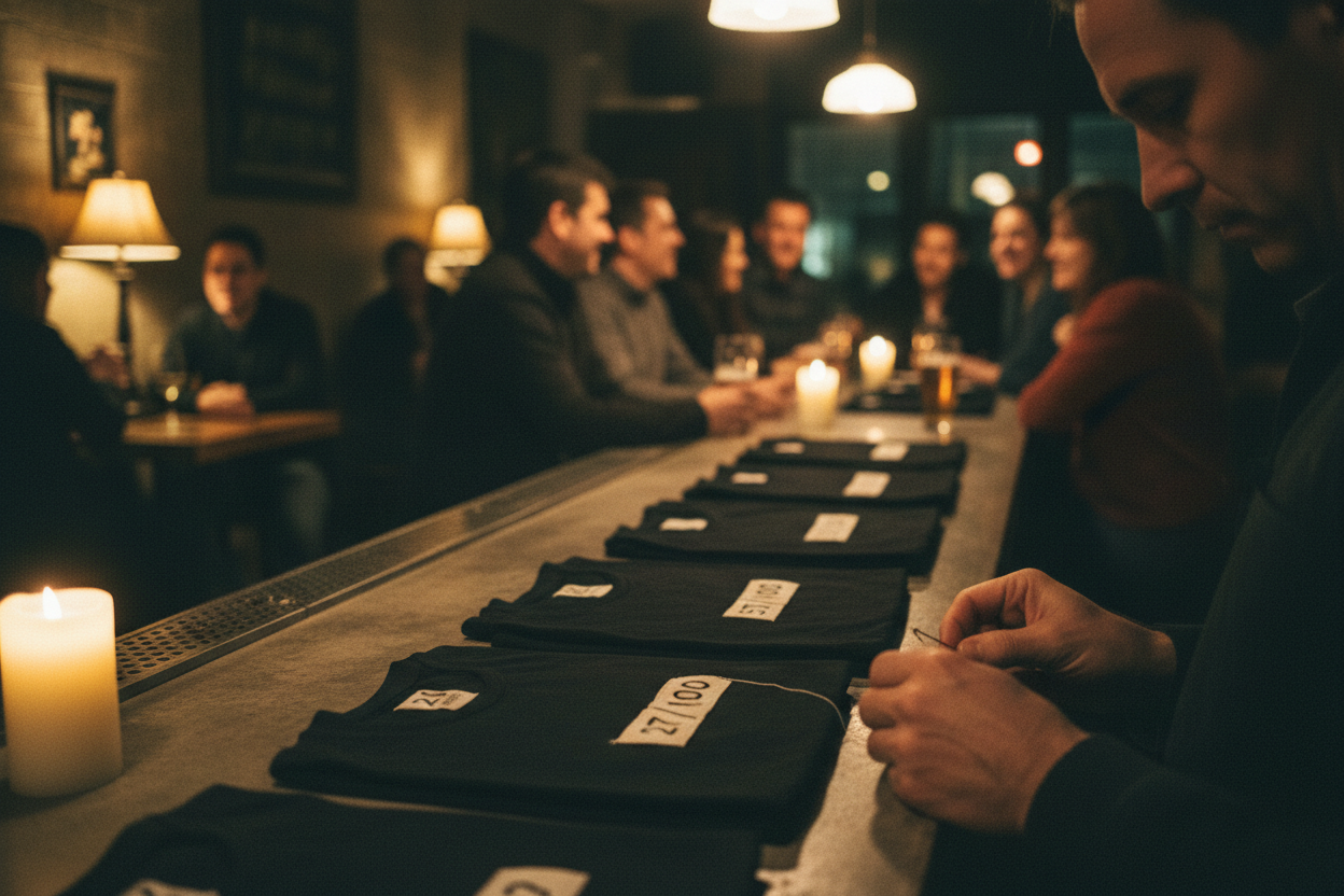 Documentary-style photography inside a small local bar at night.
Warm, dim bar lighting, natural grain, muted earthy tones.
A limited number of folded black t-shirts on a concrete bar counter, each with a small sewn-in label showing a handwritten-style numbering like “27/100”.
Hands of a bar owner or staff member carefully attaching or checking a label.
No faces visible. but plenty of people in the bar enjoying themselves.
Atmosphere of intimacy, authenticity, and celebration — not hype.
Feels like a privat