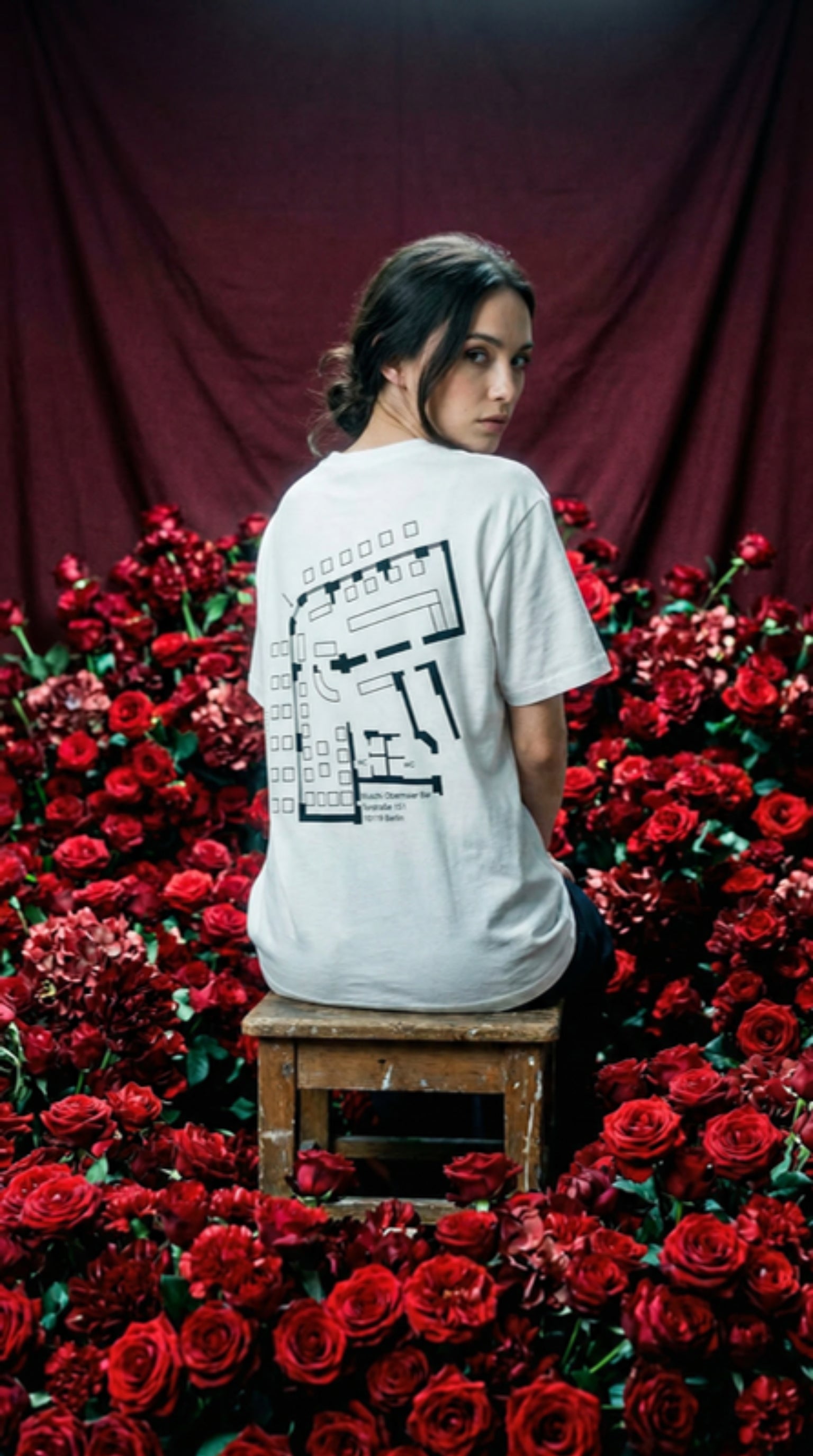 Generated_with_Kive.ai_-_show_this_t-shirt_side_backside_on_a_woman_sitting_on_a_stool_with_the_back_to_the_viewer__looking_over_her_shoulder_1 product photo